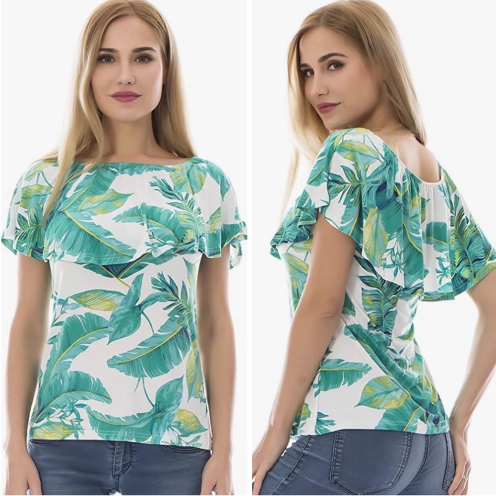 XL Maternity Nursing Top Off-The-Shoulder Banana Leaf Tropical Print BNWT